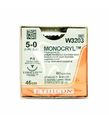 SUTURES MONOCRYL W3203 5/0 P-3 3/8C - 13MM, 45CM.